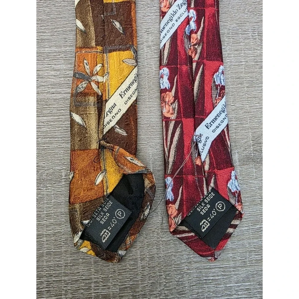 ERMENEGILDO ZEGNA Ties Italy Lot Of 2 Silk‎ Ties Flowers Gold Burgundy Blue